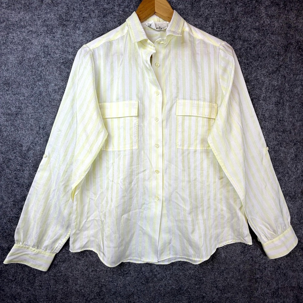Vintage Shapely Shirt Womens Yellow White Striped Roll Tab Sleeve Button Up
